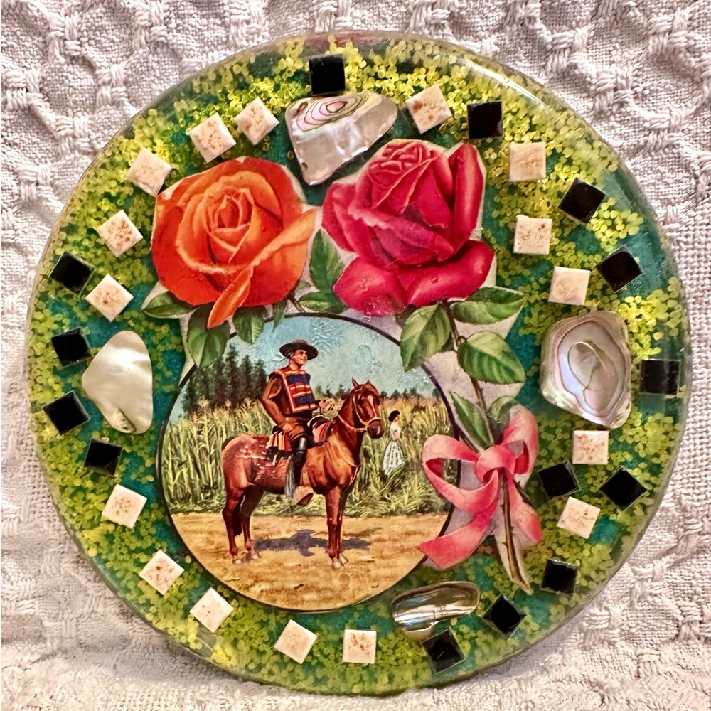 Vtg Retro Trivet w Cowboy on Horse,Roses, Mother Pearl & Tiles Rare Find